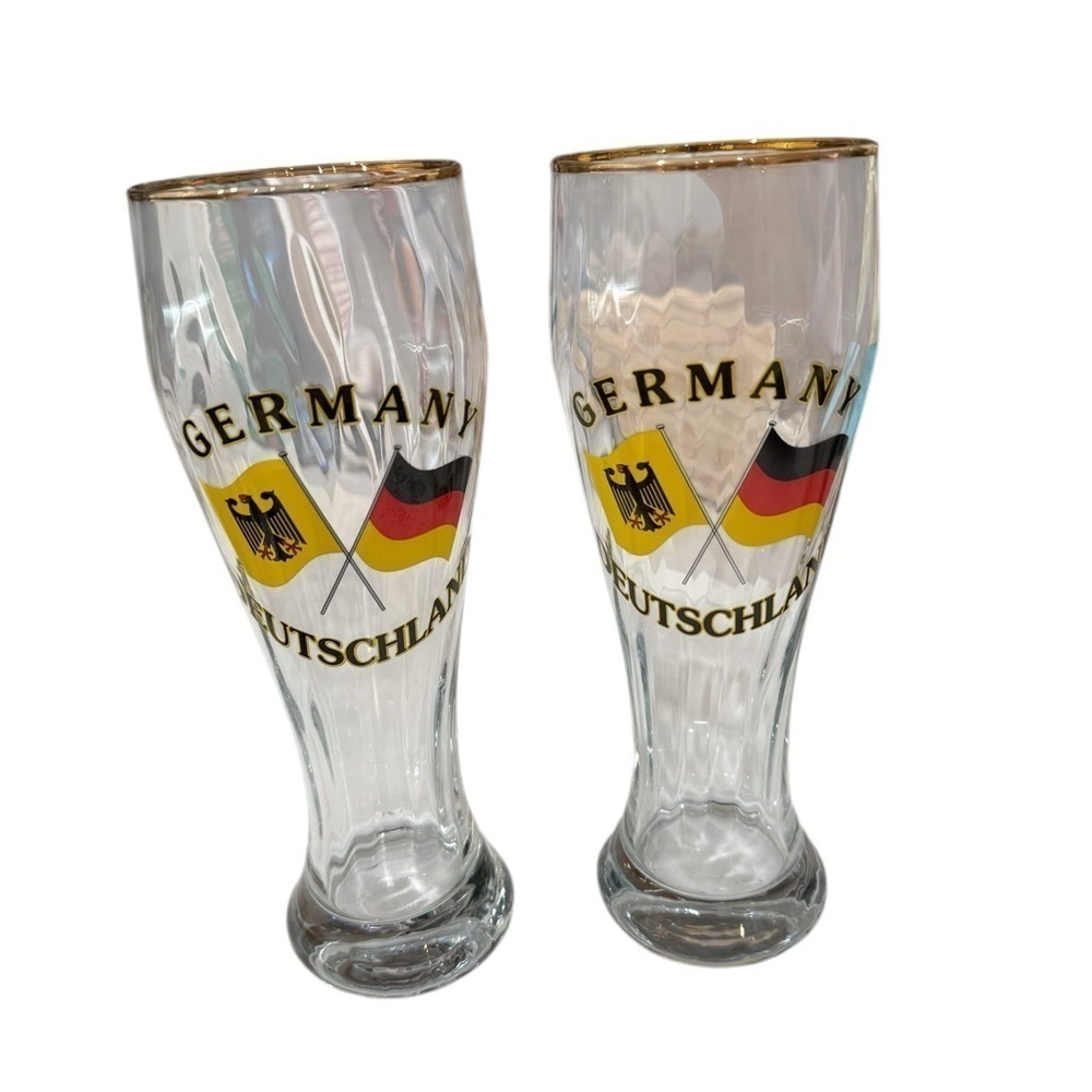 Tall Beer Glass Swirl Germany Deutschland With Gold Trim Set of 2-9 inch